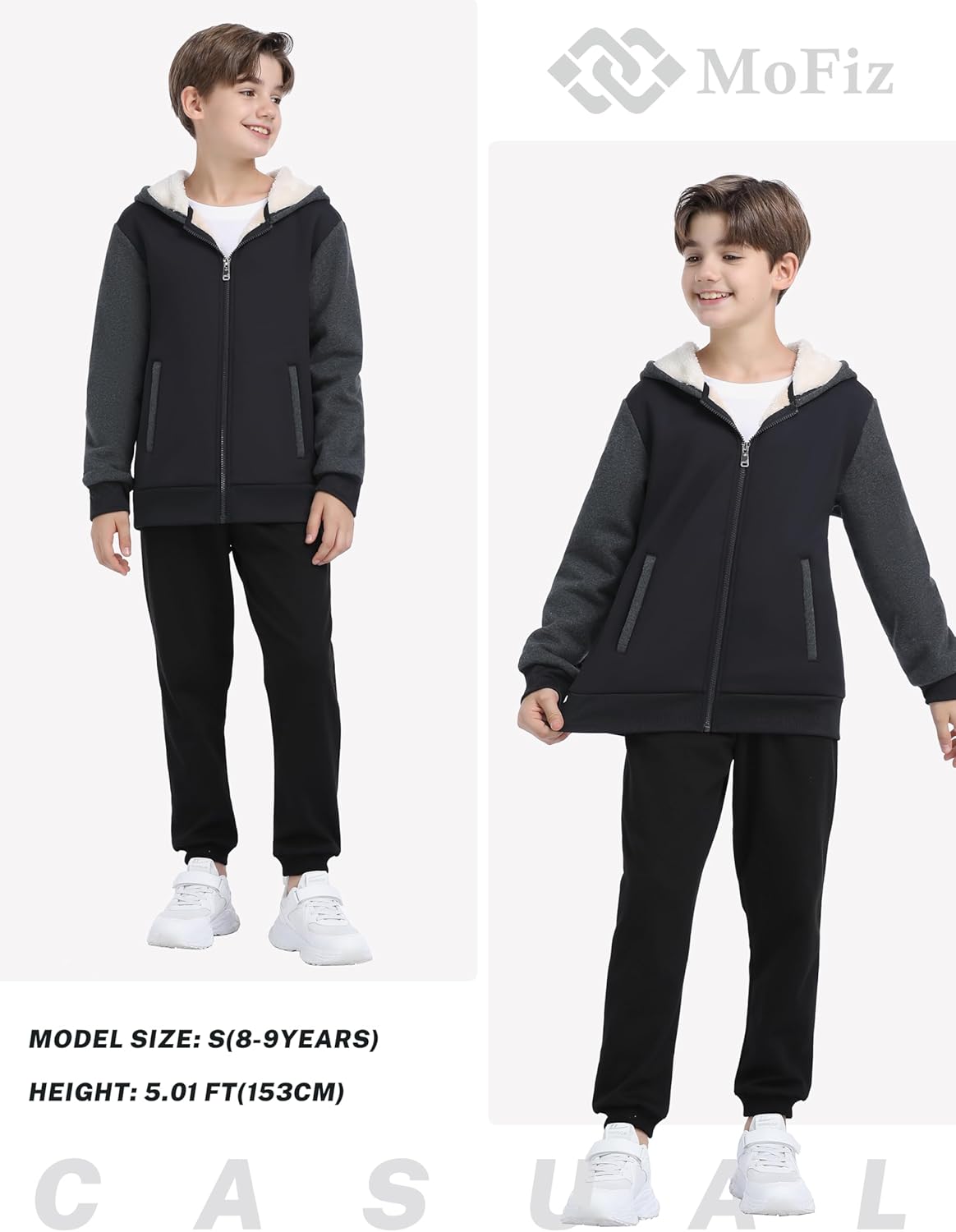 MoFiz Kids Fleece Jackets Sherpa Lined Hoodie Jacket Hooded Zip up Sweatshirt Coats for Boys Girls Winter Casual Outerwear