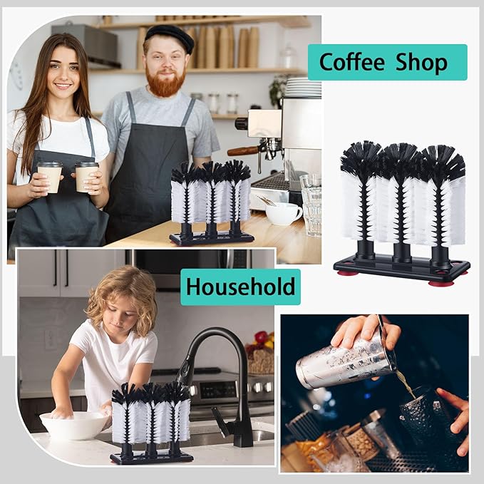 Havawish 1 Pack Water Bottle Cleaning Brush with Suction Base, 3 Head Bristle Bar Glass Washer for Sink, Cup Washer Brush Cleaner for Bar Beer Cup, Wine Glass(7.3 x 3.7 x 7.5)