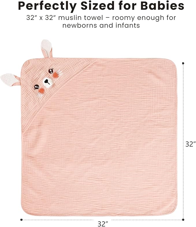 Konssy 2-Pack Muslin Baby Hooded Towels, 100% Cotton, Soft and Absorbent Baby Bath Towels for Newborn, Infant & Toddler with Animal Hooded Design(Bunny & Deer)