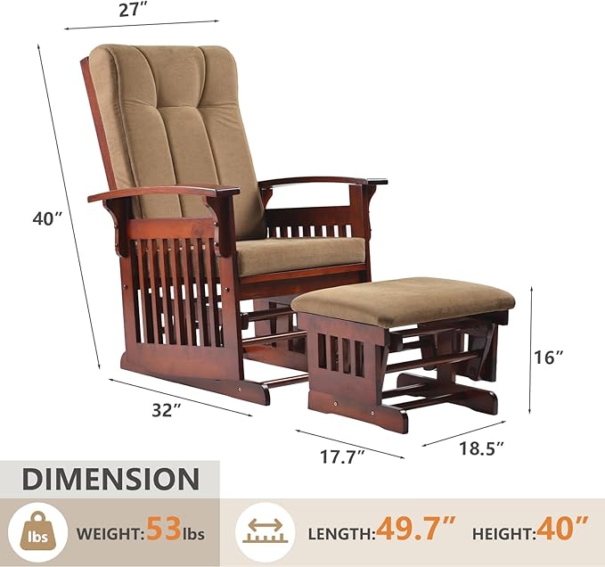 Solid Wood Rocking Glider Chair with Ottoman Cushion Set, Antique Rocking Chair with Arm Rest for Nursery Living Room Bedroom, Brown Yellow
