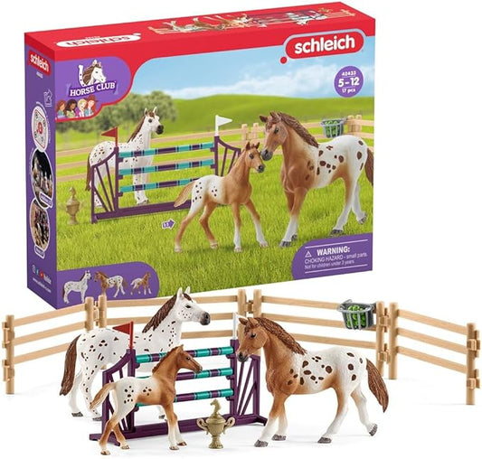 Schleich Horse Club - 17PC - Lisa's Tournament Training Horse Toy Set with 3 Horses and Accessories - Realistic Stallion, Mare, Foal Figurines for Girls and Boys - Farm Toys for Kids Ages 5+ - 42433