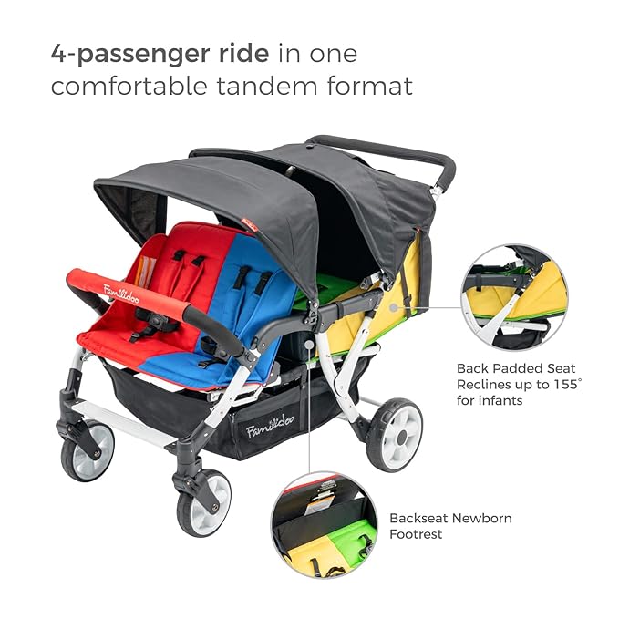 Familidoo H4E Quad Stroller Wagon for Kids, 4-Seater Daycare Baby Stroller with 5-Point Safety Harness, Lightweight & Foldable with All Reclining Seats, Double Canopy & Rain Cover – All-Terrain Wheels
