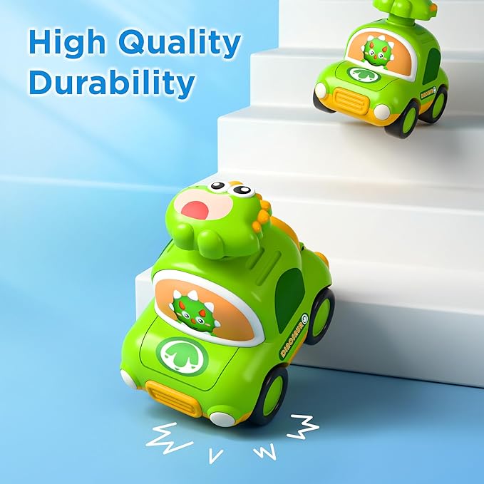 iPlay, iLearn Press to Go Dinosaur Car Toys for Toddlers 1-3, Baby Play Race Vehicle Set, Infant Boy Push Go Friction Toy, 4pcs Animal Car for 12 18 24 Month, 1st Birthday Gift for 1 2 3 Yr Kid Child