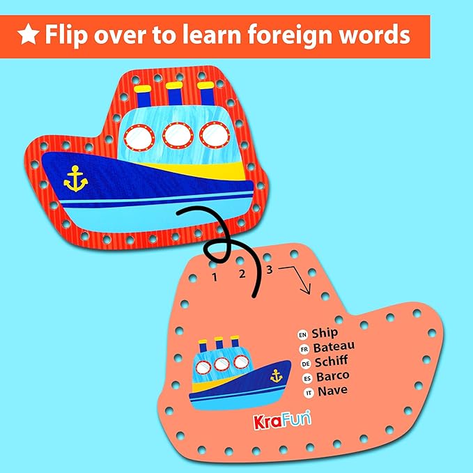 KRAFUN Preschool Beginner First Lacing Card Kit for Kids Training Arts & Crafts, 5 Easy Transport and Cars Lacing Projects, Craft Paper Cards for Toddlers, Fine Motor Skills Toys