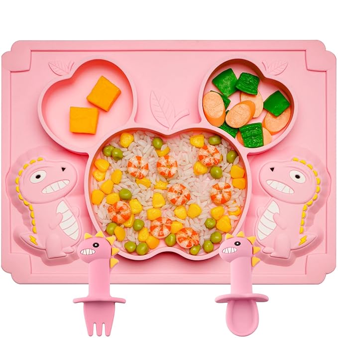 3Pcs Toddler Silicone Dinosaur Placemat Spoon and Fork Set,Divided Plate Dish for Baby Kids Infant Self Feeding Training，Non-Suction BPA Free Microwave Dishwasher Safe-Pink Dinosaur