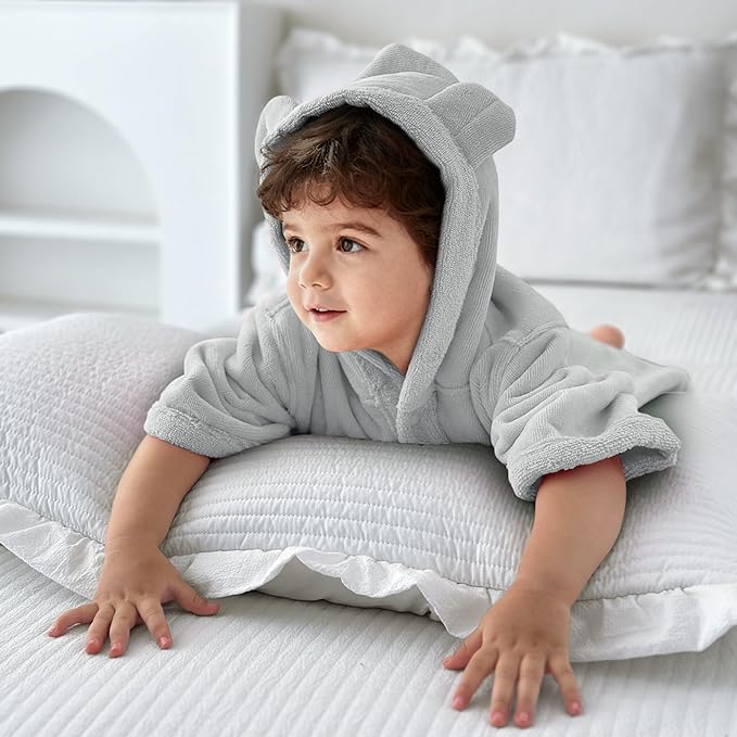 VOOVA & MOVAS Baby Hooded Bath Towel with Bear Ear (0-3Years) 100% Cotton Soft Absorbent Skin-Friendly Bath Pool Beach Towel Robe for Newborns & Infants - Perfect Set,Gray