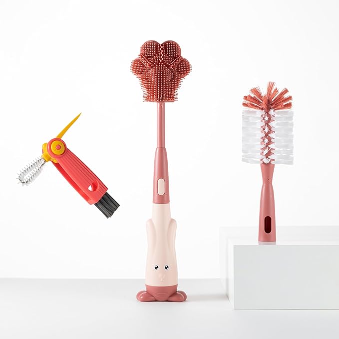 Chemimoso Cup Cleaning Brush, Silicone Baby Bottle Brush with Stand, Large Handle Water Bottle Brush Cleaner Set, with a Tiny Cup Lid Gap Cleaning Brushes Kit, Pawprint, Pink