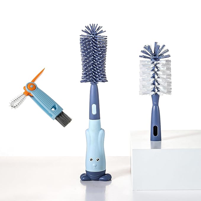 Chemimoso Cup Cleaning Brush, Silicone Baby Bottle Brush with Stand, Large Handle Water Bottle Brush Cleaner Set, with a Tiny Cup Lid Gap Cleaning Brush, Cup Lid Cleaner Brushes Kit, Blue