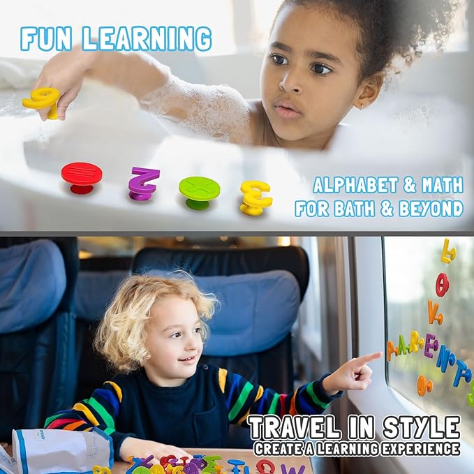 ALPHABATH Suction Bath Toys Alphabet Letters Numbers 42pcs Montessori Stimulating Autism Sensory No Mold Free Preschool Daycare Spelling Math Learn Build Connect Travel Kids Toddlers Ages 1 2 3 Years
