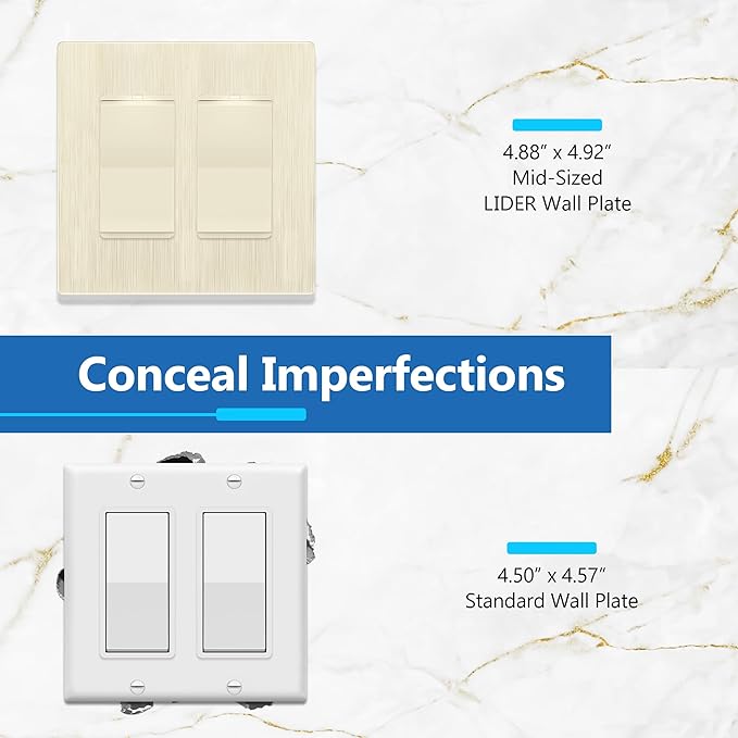 LIDER Matte Finish Double Decorator Switch Cover, Screwless Wall Plate, Mid-Size 2-Gang 4.88" x 4.92", Unbreakable Polycarbonate Thermoplastic, UL Listed, LSWP-32M-BLA10P,Brushed Light Almond, 10 pack