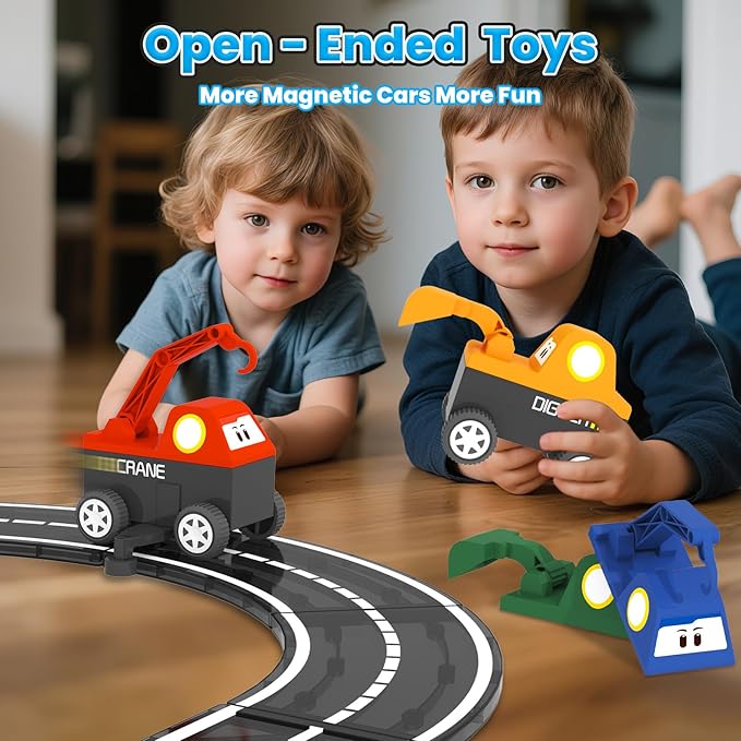 Magnetic Tiles Truck Toddler Toys 3 4 5 Year Old Boys Girls, Magnetic Blocks Electric Engineering Vehicle - 2 Car Bases and 4 Car Bodies. Compatible with Traversable on Magnet Roads.