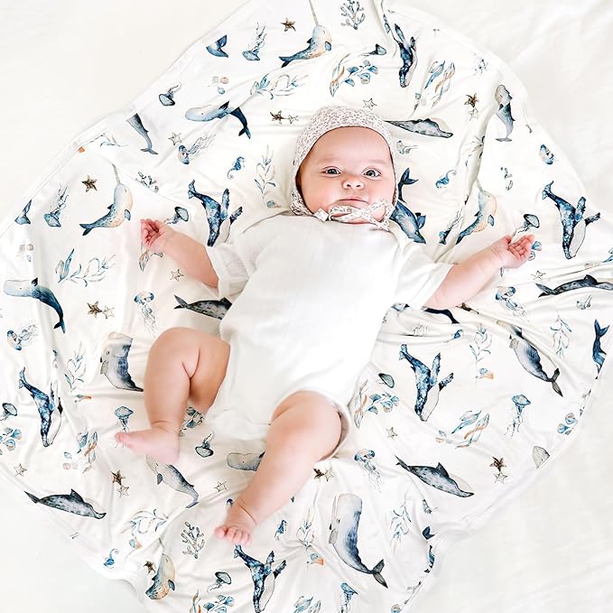 GRSSDER Baby Swaddle Blankets 2 Pack, Super Soft Jersey Knit Baby Quilt Blanket for Baby Boys, Double Layer Receiving Blankets 34 x 44 Inches Extra Large for Swaddling, Sea Fish & Space