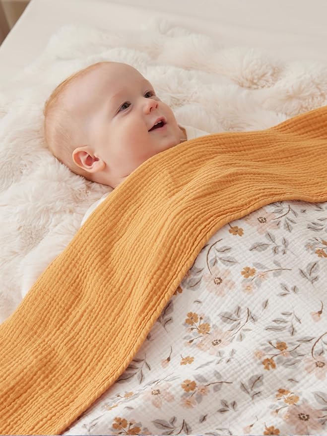 TILLYOU Muslin Baby Blankets for Girls Boys, Cotton Baby Blankets, Soft Breathable and Lightweight 40"X40", Yellow Flower