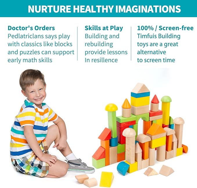 Wooden Building Blocks Set - Stacker Stacking Preschool Learning Educational Toys with Carrying Bag, Toddler Toys for 3+ Year Old Boy and Girl Gifts (80 Pcs)