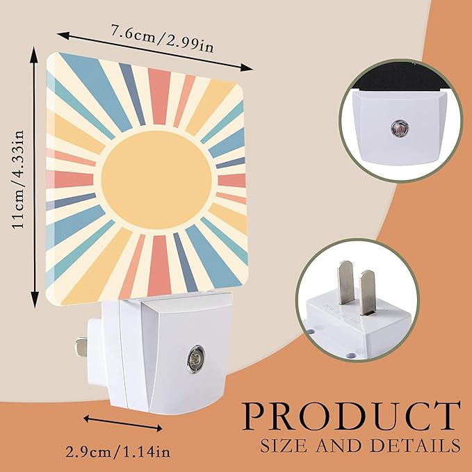 Retro Sun Burst Night Light with Dusk to Dawn Sensor for Kids, Rooms, Hallways, Kitchens, Bathrooms, Nurseries, Stairs
