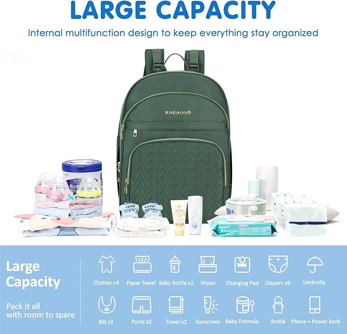 KABAQOO Baby Diaper Bag Backpack, Waterproof Diaper Backpack for Mom & Dad with Changing Pad, Insulated Pockets and Stroller Straps, Baby Shower Gifts for Girls & Boys, Sage
