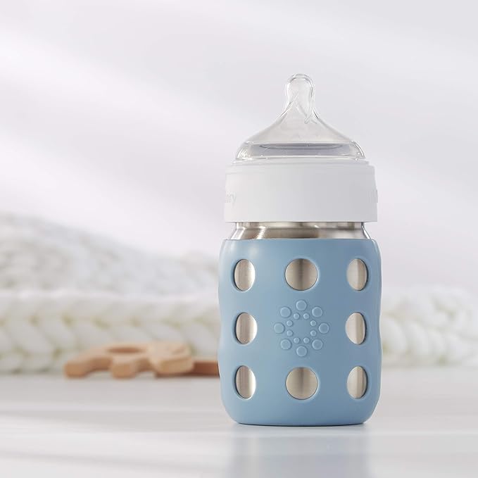 Lifefactory 8-Ounce Stainless-Steel Vacuum-Insulated Wide-Neck Baby Bottle with Stage 2 Nipple (3-6 Months) Denim, LS2211WDE4