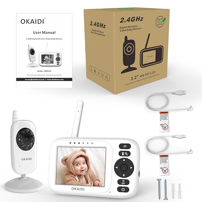 OKAIDI Baby Monitor with Camera and Audio, 3.2" IPS Screen Video Baby Monitor No WiFi, Infrared Night Vision, VOX Mode, Sound Activated Screen, 1000ft Transmission Range