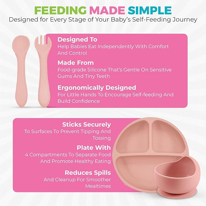 SiliFun 8-Piece Silicone Baby Feeding Set – Complete Infant Mealtime Kit with Suction Bowl, Divided Plate, Bib, Spoon, Fork & Cup – BPA-Free, Dishwasher Safe – Gift-Ready in Premium Branded Packaging