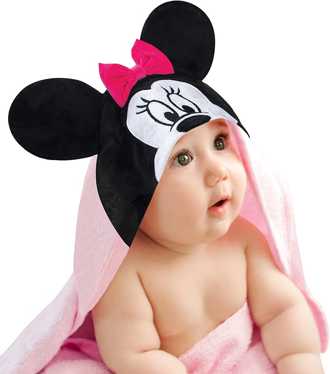 Lambs & Ivy Disney Baby Minnie Mouse Pink Cotton Hooded Baby Bath Towel