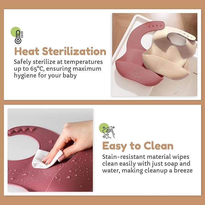 Silicone Bib 2-Pack: Safe, Non-Toxic, Food-Grade. Waterproof, Adjustable Neck Band, Easy-Clean Pouch Catcher.