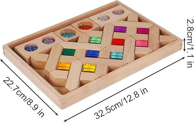 22PCS Wooden Cross Shape Blocks with Colorful Acrylic, Sparkling Square Monochrome Kaleidoscope Gem Educational Construction Toy for Toddlers (22PCS Fence Mixed)