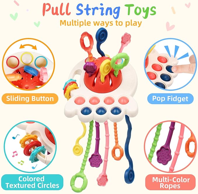 Christmas Stocking Stuffers 6 in 1 Montessori Toys for Babies 6-12 Months, Infant Sensory Pull String Toy, Fidget Spinners Soft Baby Blocks & Stacking Cups for Toddlers 1-3, Baby Gifts for 1 Year Old