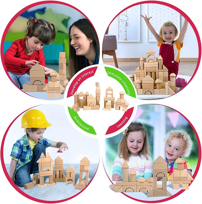 Migargle Wooden Building Blocks Set for Kids - Stacker Stacking Game Construction Toys Set Preschool Colorful Learning Educational Toys - Geometry Wooden Blocks for 3+ Year Old Boys & Girls