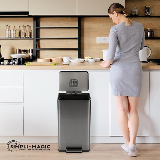 SIMPLI-MAGIC 13.2 Gallon (50L) Step Trash Can – Kitchen Garbage Can with Slow-Close Lid – Odor Control, Hands-Free, Easy to Clean, Brushed Stainless Steel