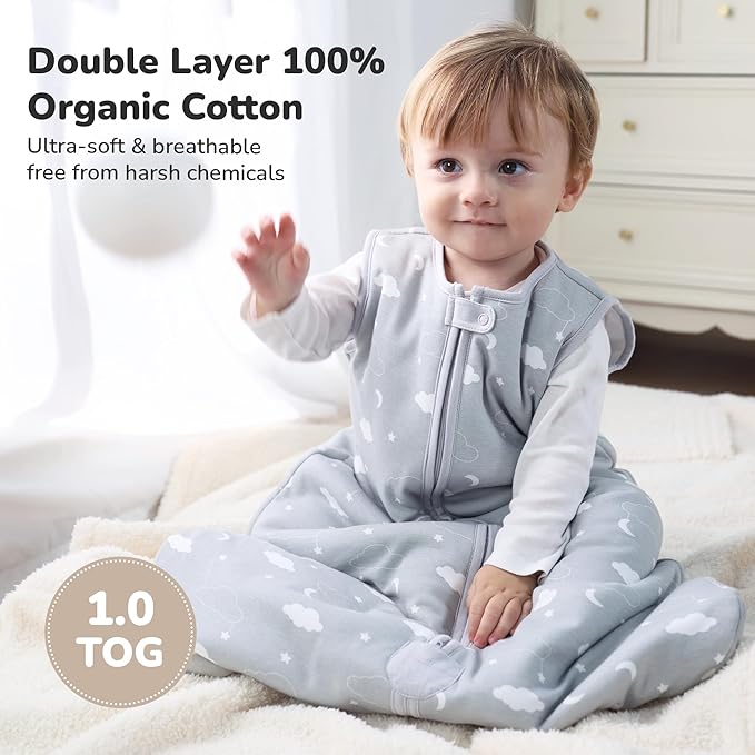 Baby Sleep Sack 1.0 TOG, Organic Cotton Baby Wearable Blanket with Two-Way Zipper, Swaddle Transition Baby Sleeping Bag, All-Season Sleep Sack for Newborn Infant Toddler Boy Girl, 12-18 Months, 1-Pack