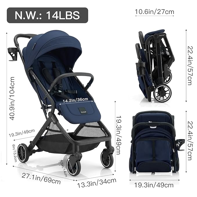 Compact Fold Baby Stroller, Lightweight Travel Toddler Stroller with One-Click Fold, Extendable UPF50+ Canopy, Cup Holder, UV Protected and Waterproof, One-Hand Folding - Blue