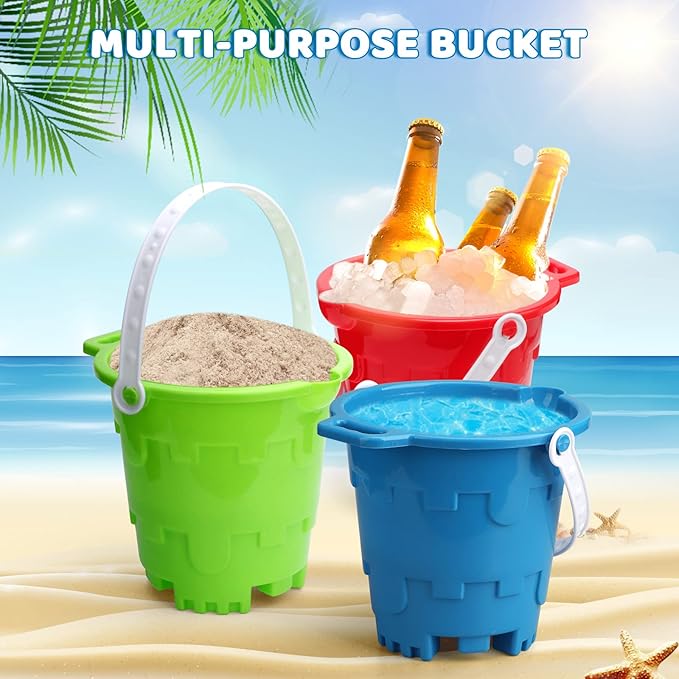 Beach Sand Toy Bucket Gear For Kids Adult, 7" Plastic Beach Castle Mold Buckets, Sand Pail Water Bucket for Summer Party Fishing, Space Saving Outdoor Waterpot for Garden Camping Accessory (3PCS)