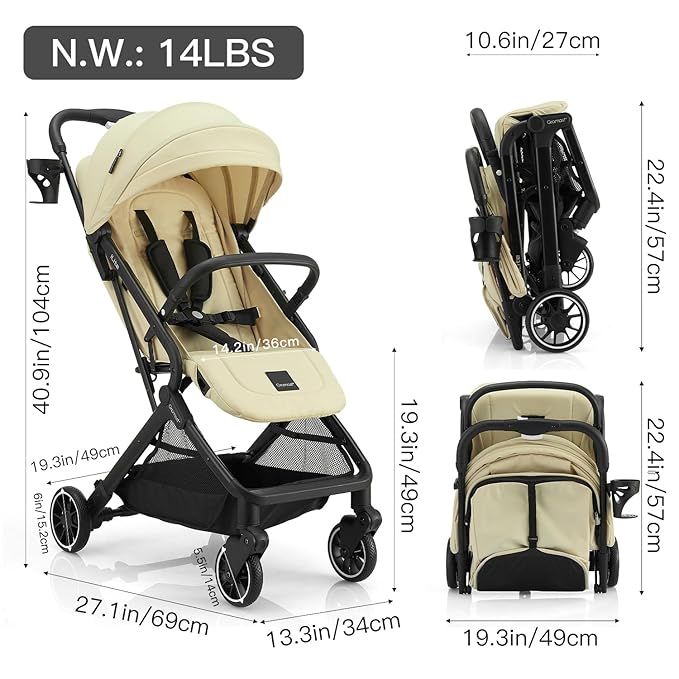 Compact Fold Baby Stroller, Lightweight Travel Toddler Stroller with One-Click Fold, Extendable UPF50+ Canopy, Cup Holder, UV Protected and Waterproof, One-Hand Folding - Beige