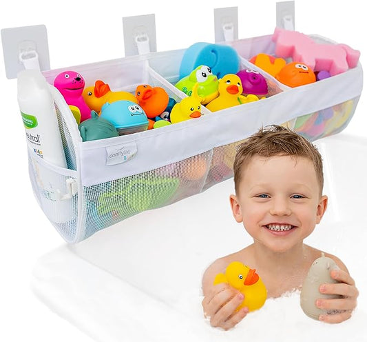 Comfylife Large Bath Toy Organizer – 3 Compartment Bath Toy Holder for Bathtub & Shower – Quick-Dry Mesh with 4 Strong Adhesive Hooks – Kids Toys Storage Net for Bathroom, shower & Tub