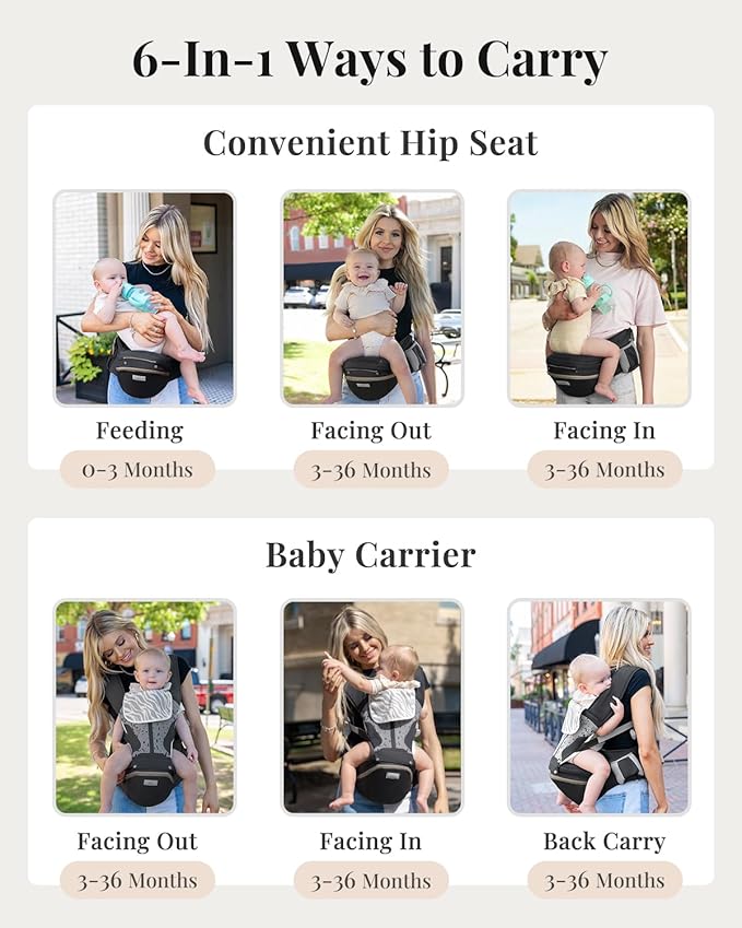 MOMTORY StowNGO Pro Baby Carrier, Safety-Certified 6-in-1 Ultra Storage Baby Carrier Newborn to Toddler, Front & Back Baby Holder Carrier with Hip Seat, Pure Black