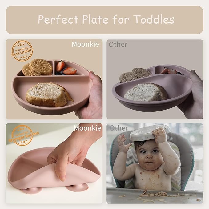 Moonkie Suction Plates for Baby | 100% Silicone BPA-Free Baby Plates with Lids and Food Cover | Divided Design | Microwave and Dishwasher Safe | Toddler Plates 2 Pack