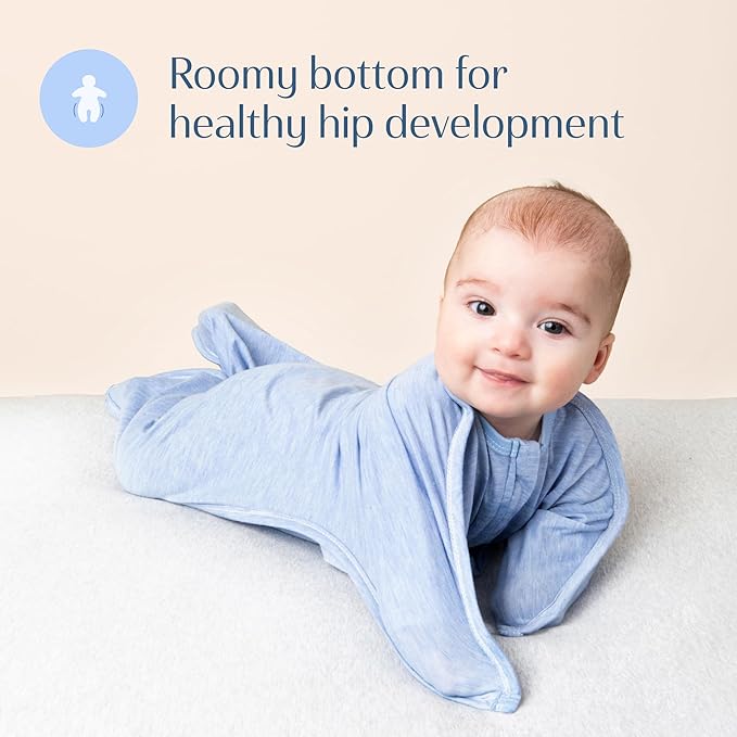 SleepingBaby Zipadee-Zip Transition Swaddle - Cozy Baby Swaddling Blanket with Zipper Convenience - Roomy Wearable Blanket for Easy Diaper Changes - 6-12 Month - Baseline Blue Heather