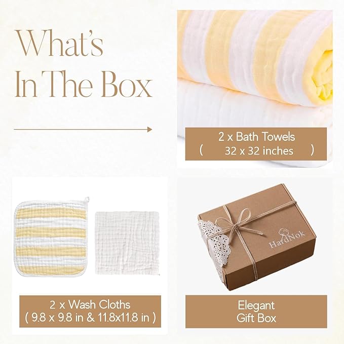 Muslin Hooded Baby Towel 4 Pack, Preuim Muslin 6 Layers Natural Cotton Baby Bath Towels, Soft and Comfortable for Boys,Girls (32 x 32, Yellow Striped and White)