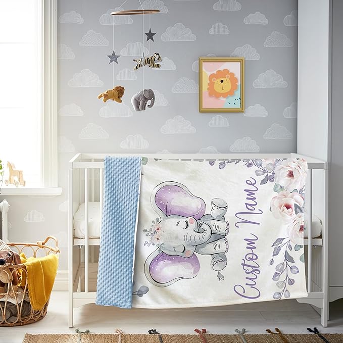 Custom Baby Blanket, Personalized Name Baby Blanket for Boy Girl, Purple Elephant Double Layer Dotted Backing Receiving Swaddle Blankets, Nursery Newborns New Parents Customized Gift(47"x60")