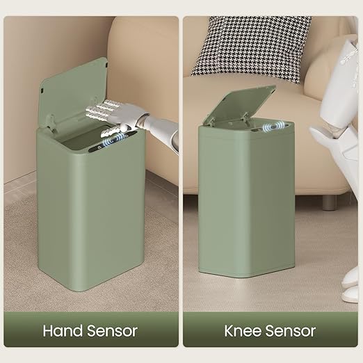 ELPHECO Stainless Steel Office Trash Can 6.6 Gallon Motion Sensor Garbage Bin Rectangular Automatic Touch Free Waste Bin for Hotel and Living Room, Avocado Green, 2AA