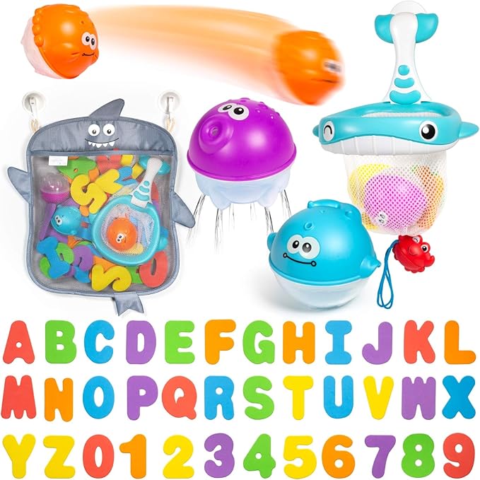 Comfylife Baby Bath Toy Organizer - Bath Toy Storage for Shower - Bathtub Toy Organizer Includes Foam Bath Toys (Numbers & Letters & Squirty Toys) + Extra Net That Doubles as a Toy