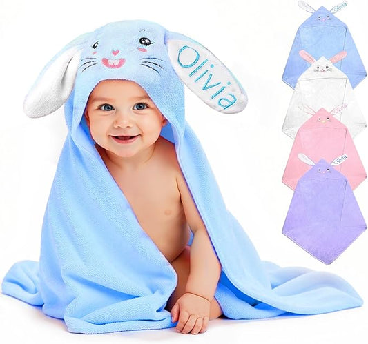 Custom Hooded Bath Towel with Name, Personalized Highly Absorbent Bunny Towels, Baby Bath Towels for Girls Boys, Easter Brithday Shower Gifts for Baby, Toddler, Newborn (Blue)