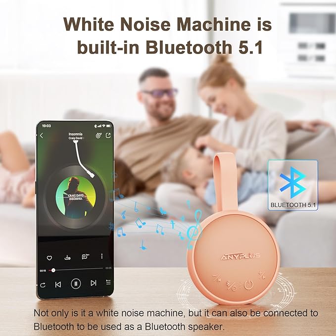 White Noise Sound Machine, Portable Sound Machine for Sleeping Adults & Baby, with Bluetooth 5.1/24 Soothing Sounds/Battery Powered/3 Timer Memory Function for Office/Bedroom/Travel（Orange）