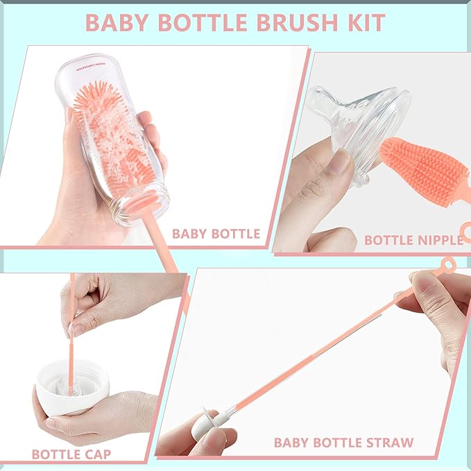 Silicone Baby Bottle Brush and Straw Cleaner Brush Set,Silicone Fully Encased Dish Brush,Versatile Deep Cleaning Long Water Bottle Brushes,Heat Resistant Sturdy Kitchen Brush,Hangable Cup Brush