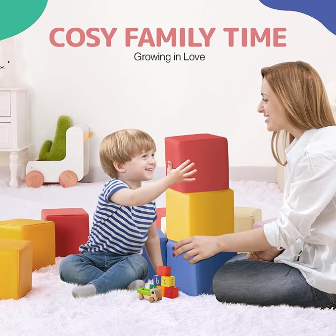 Foam Building Blocks for Kids: 12-Pieces PU Leather Colorful Foam Blocks - Building Toys for Toddler - Giant Stacking Blocks Toys - Soft Indoor Playset for Birthday Gift Preschool Learning (Classic)