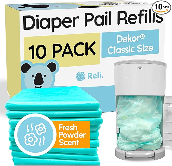 Reli. Diaper Pail Refill Bags, Compatible with Dekor Classic (10 Pack) | Diaper Dekor Refills w/Powder Fresh Scent | Odor Blocking, Strong, Easy Replacement Bags | Holds up to 4950 Diapers