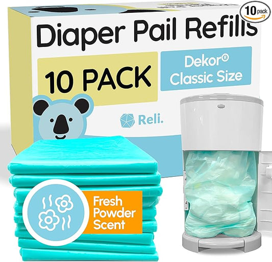 Reli. Diaper Pail Refill Bags, Compatible with Dekor Classic (10 Pack) | Diaper Dekor Refills w/Powder Fresh Scent | Odor Blocking, Strong, Easy Replacement Bags | Holds up to 4950 Diapers