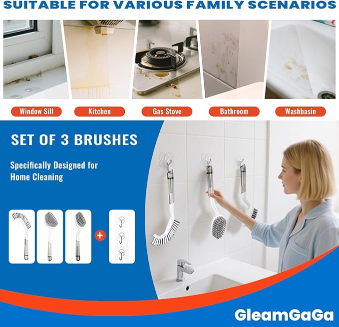 3 Pack Scrub Brush Set – Heavy-Duty Scrub Brushes for Cleaning with Handle, Cleaning Brush with Stiff Bristles, Shower Scrubber for Bathroom, Bathtub, Kitchen, Tile, Floor, Grout, Sink & Carpet