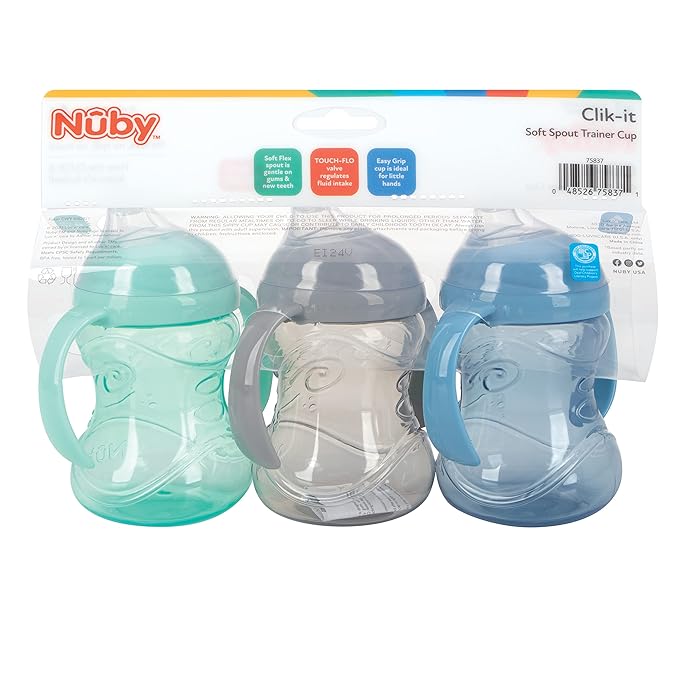 Nuby 3 Piece No-Spill Grip N’ Sip Cup with Soft Flex Spout, 2 Handle with Clik It Lock Feature, Neutral,10 Ounce