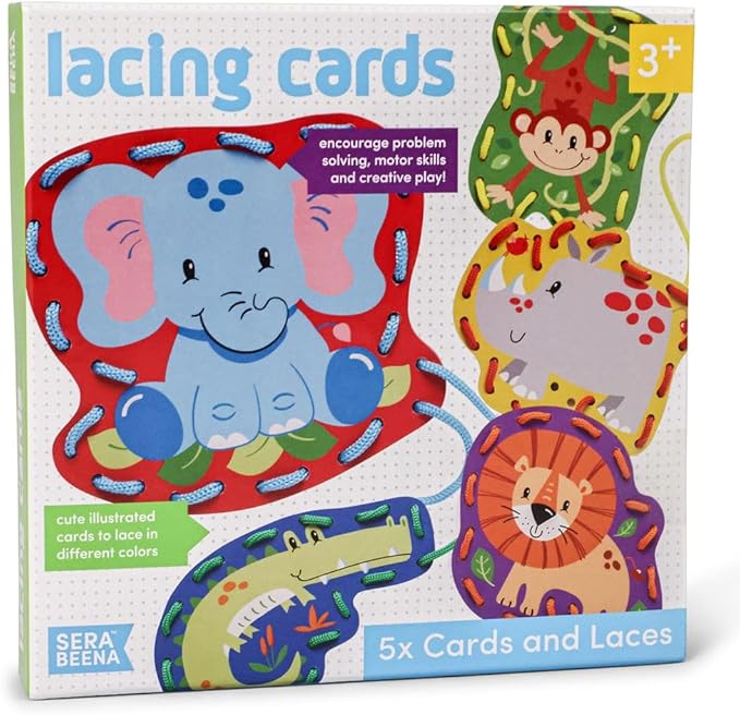 Serabeena Safari Kids Lacing Cards - Colorful Lacing Cards for Kids Ages 3-5 Plus - Lace Up Sewing Cards - Develops Hand-Eye Coordination & Fine Motor Skills - 5 Sewing Animals for Kids with Laces